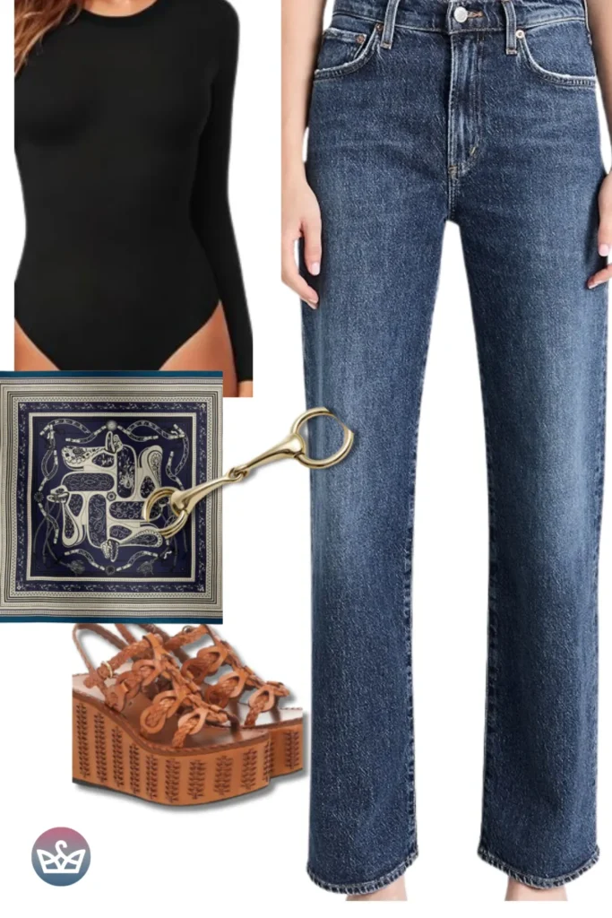 Baggy Jeans with a sleek black bodysuit, navy equestrian scarf, and braided platform wedges for elevated ease.