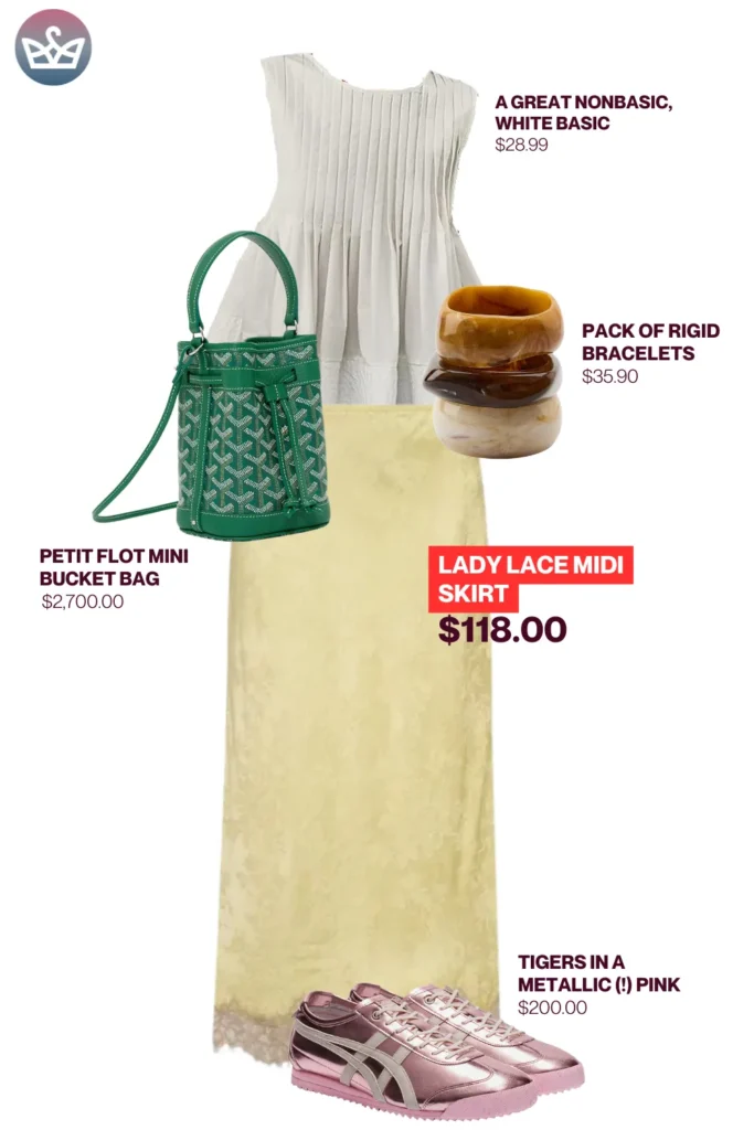 Chic airport outfits that feel like pajamas 22 result adjust my crown Fresh chic airport outfit including a white pleated top yellow lace midi skirt pink metallic sneakers rigid bracelets and a green mini bucket bag