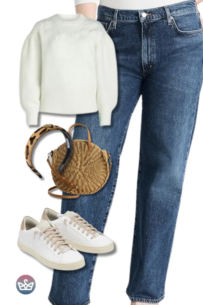 Baggy Jeans for curvy girls with a soft ivory sweater, straw circle bag, leopard headband, and white sneakers for cozy casual.