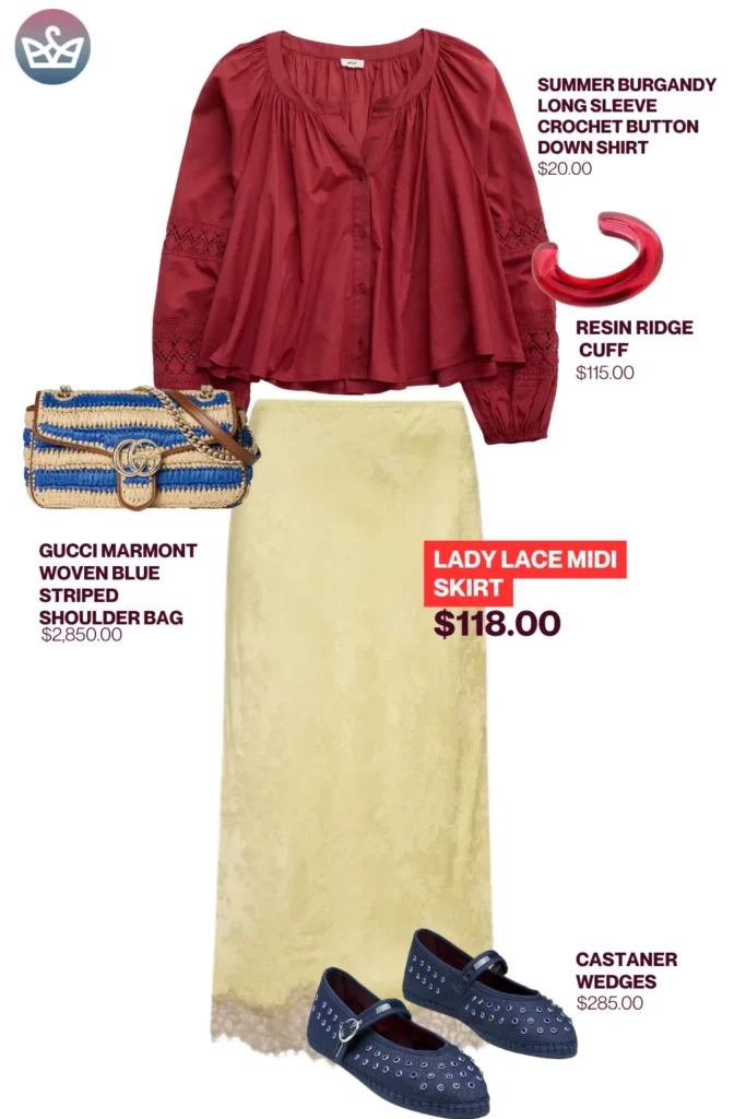 Chic airport outfits that feel like pajamas 23 result adjust my crown Luxury chic airport outfit featuring a burgundy crochet blouse yellow lace midi skirt blue castaner wedges gucci striped bag and red resin cuff
