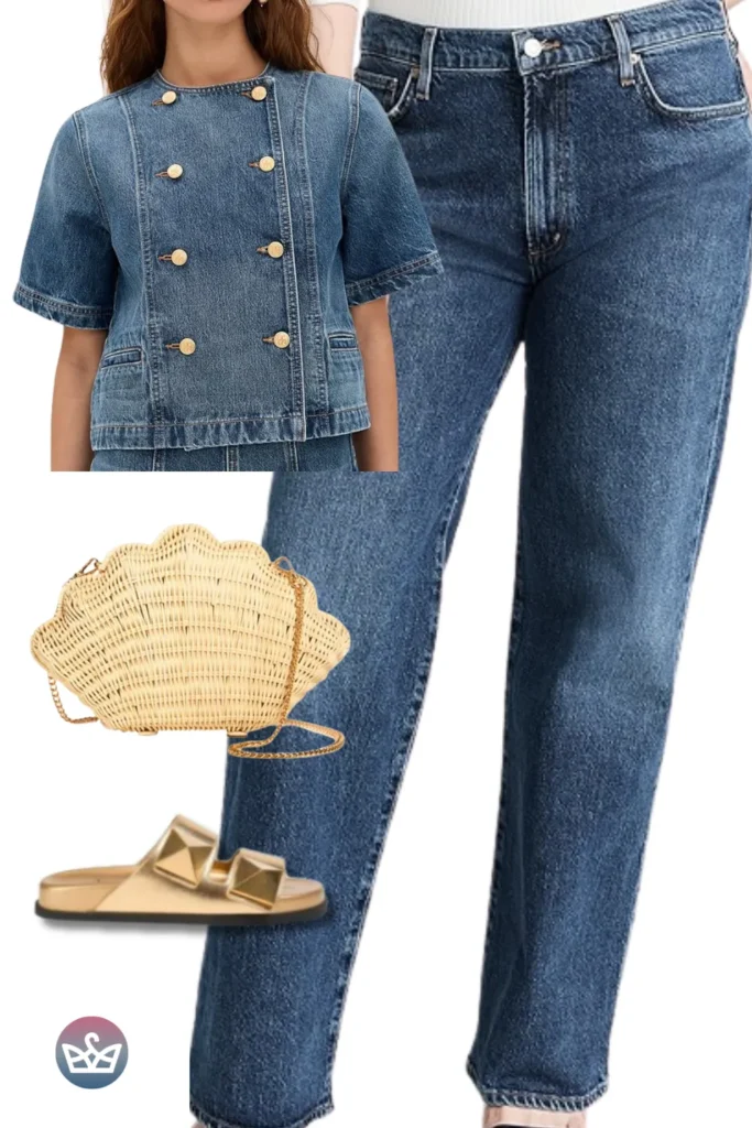 Baggy Jeans for curvy girls with a cropped denim jacket, shell rattan bag, and gold stud slides for coastal denim style.