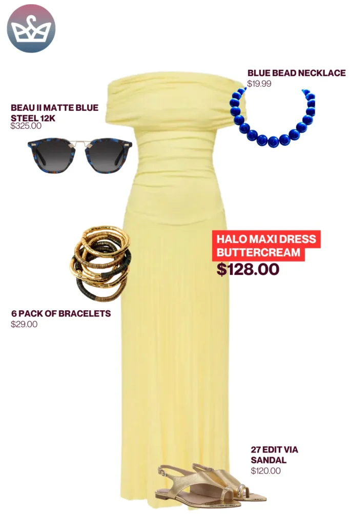 Chic airport outfits that feel like pajamas 24 result adjust my crown Elegant chic airport outfit featuring a buttercream yellow halo maxi dress gold sandals blue beaded necklace tortoise sunglasses and stacked bracelets