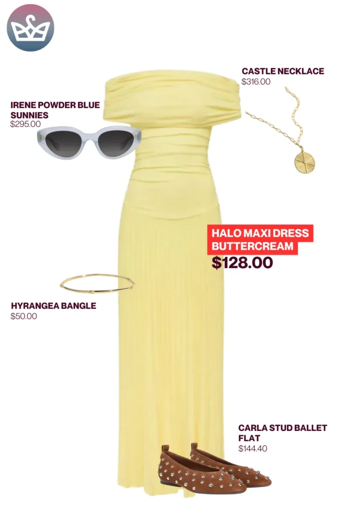 Chic airport outfits that feel like pajamas 25 result adjust my crown Buttercream maxi dress chic airport outfit styled with a buttercream halo maxi dress castle pendant necklace powder blue sunglasses studded ballet flats and gold bangle