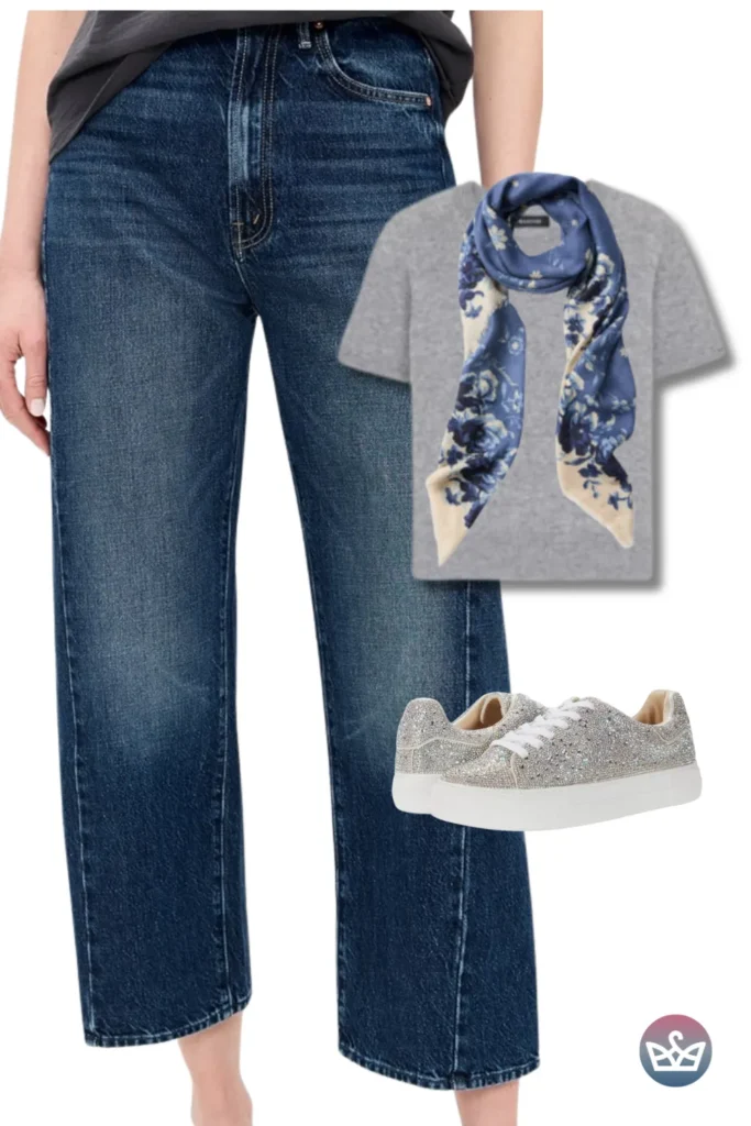 Baggy Jeans with a gray tee, navy floral silk scarf, and glitter sneakers for casual sparkle.