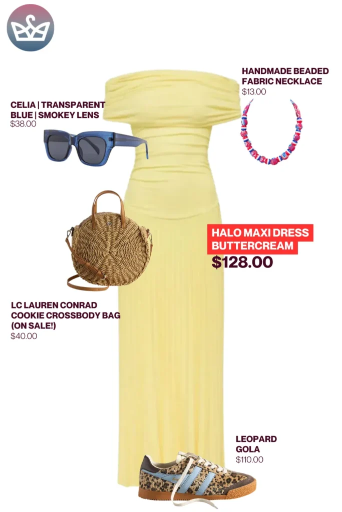 Chic airport outfits that feel like pajamas 26 result adjust my crown Casual chic airport outfit featuring a buttercream halo maxi dress leopard sneakers woven round crossbody bag beaded fabric necklace and blue sunglasses