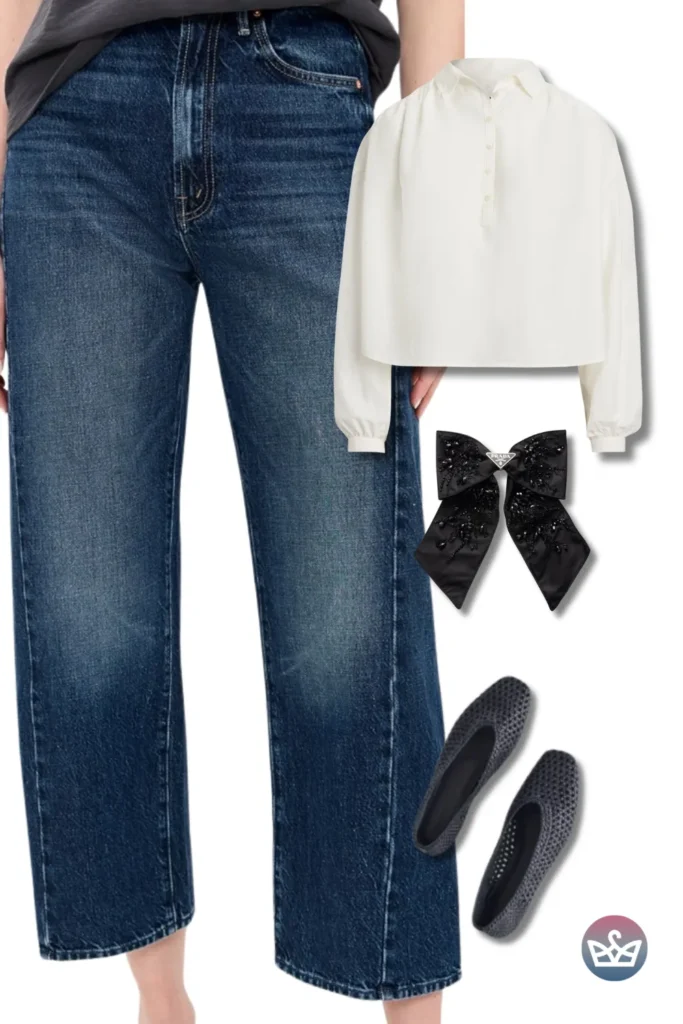 Baggy Jeans paired with an ivory popover blouse, crystal bow clip, and gray flats for polished ease.
