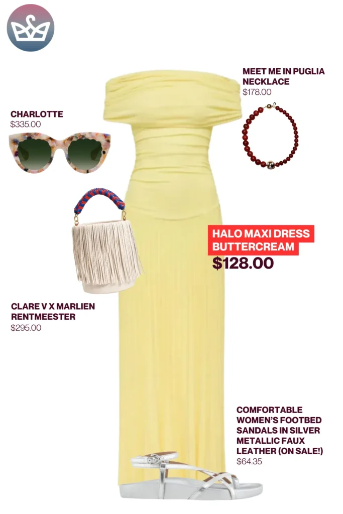 Chic airport outfits that feel like pajamas 27 result adjust my crown Playful chic airport outfit styled with a buttercream halo maxi dress fringe clare v bag silver sandals oversized floral sunglasses and a red beaded necklace
