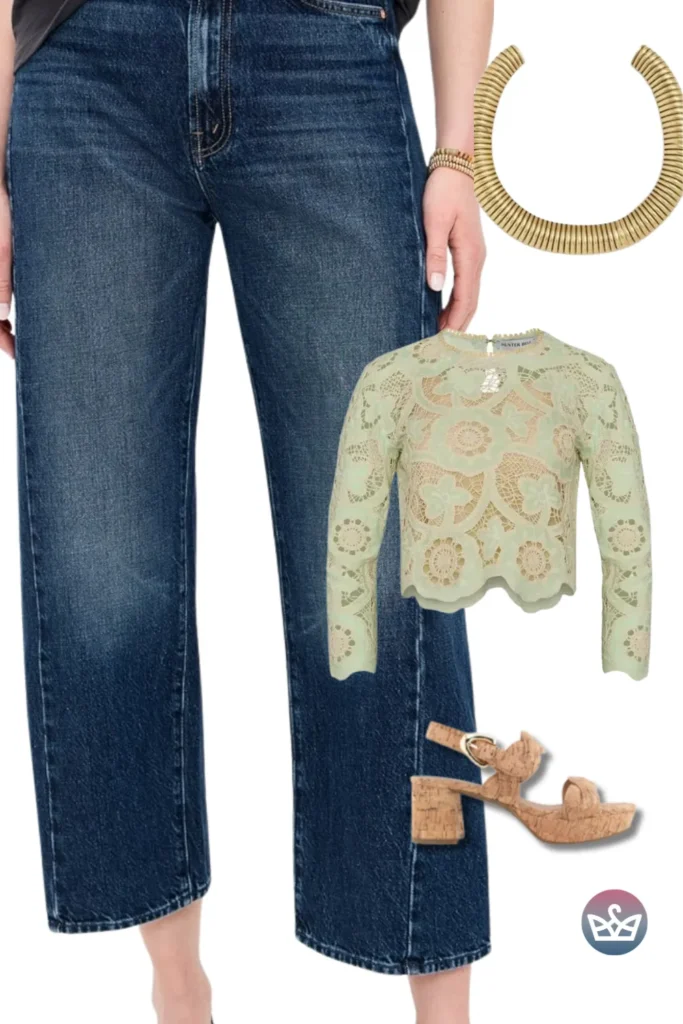 Baggy Jeans styled with a mint lace top, gold collar necklace, and cork block-heel sandals for spring chic.