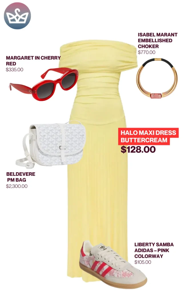 Chic airport outfits that feel like pajamas 28 result adjust my crown Trendy chic airport outfit including a buttercream halo maxi dress liberty samba adidas sneakers white belvedere pm bag red sunglasses and embellished choker