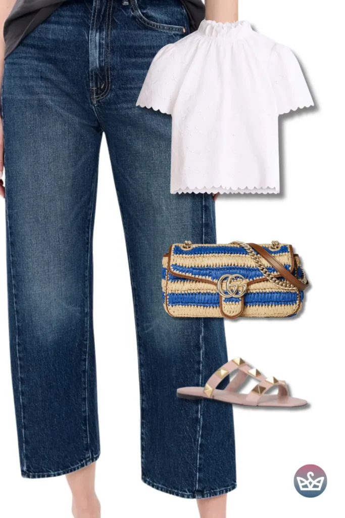 Baggy Jeans with a white eyelet blouse, blue-striped raffia crossbody, and studded nude slides for beachy charm.
