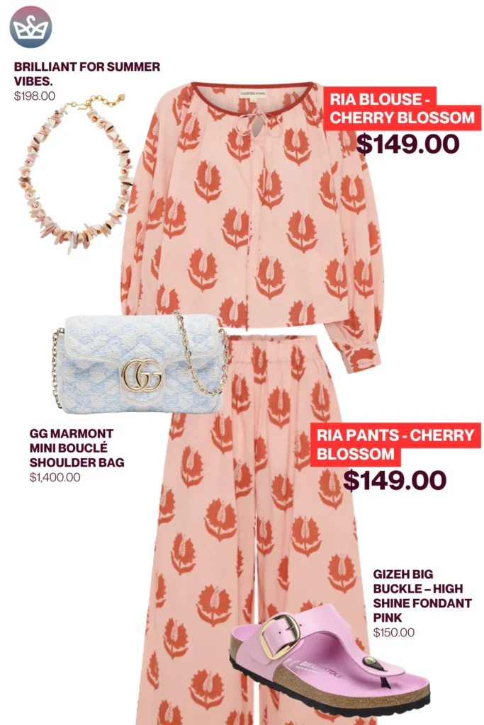 Chic airport outfits that feel like pajamas 29 result adjust my crown Matching set chic airport outfit featuring a cherry blossom print blouse and matching pants set pink gizeh sandals blue gucci shoulder bag and a summer necklace