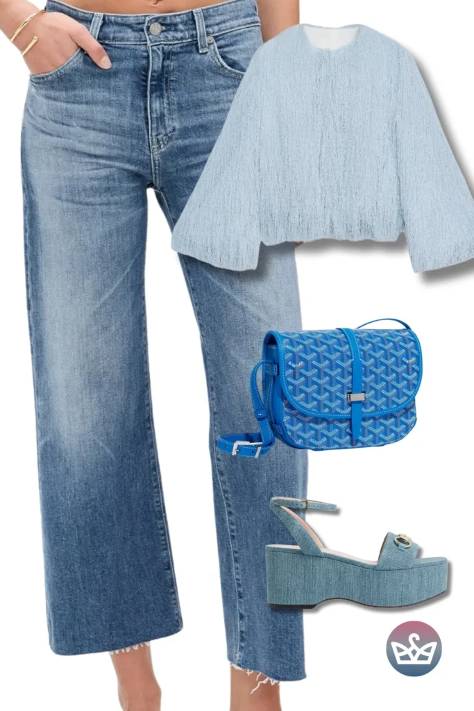 Baggy Jeans styled with a breezy light blue top, blue crossbody, and denim platforms for tonal chic.