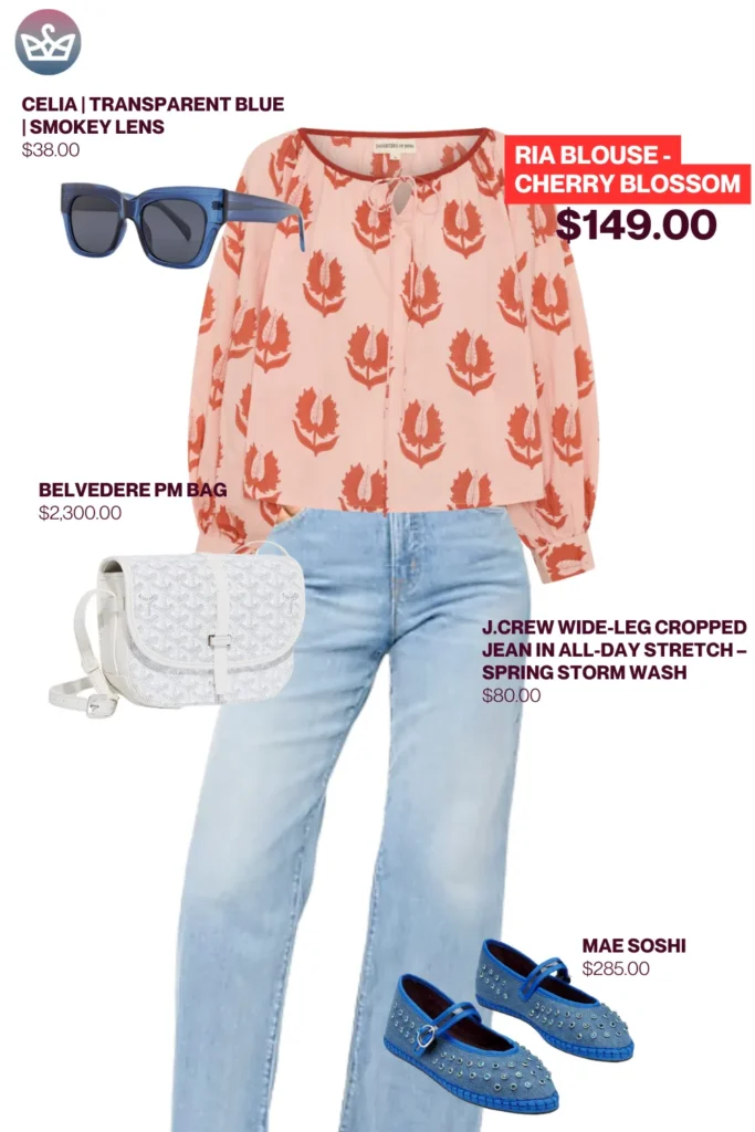 Chic airport outfits that feel like pajamas 30 result adjust my crown Casual chic airport outfit with jeans styled with a cherry blossom blouse cropped wide leg jeans blue mae soshi flats transparent sunglasses and a white belvedere bag