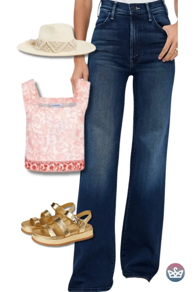 Baggy Jeans with a pink square-neck crop, woven sun hat, and gold strap sandals for breezy resort style.