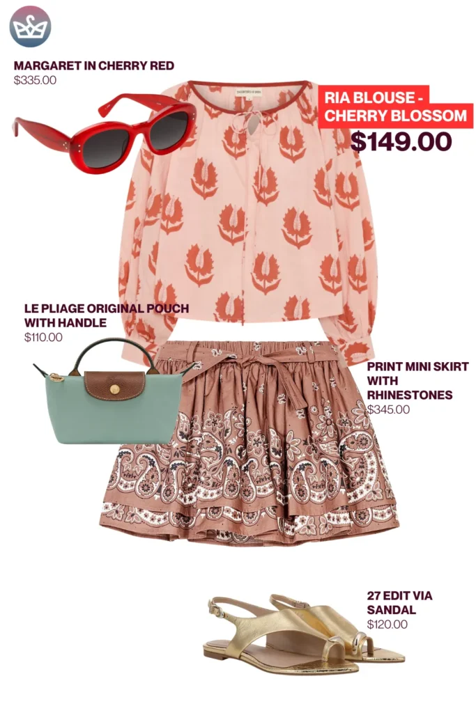 Chic airport outfits that feel like pajamas 31 result adjust my crown Playful chic airport outfit featuring a cherry blossom blouse paisley print mini skirt red sunglasses mint le pliage pouch and gold sandals