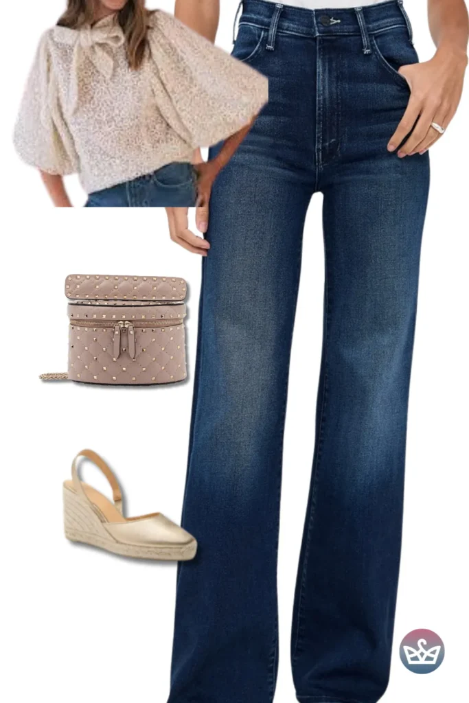 Baggy Jeans with a puff-sleeve bow blouse, studded taupe mini bag, and espadrille wedges for chic days.