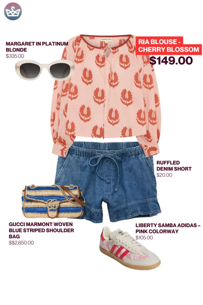 Chic airport outfits that feel like pajamas 32 result adjust my crown Trendy chic airport outfit styled with a cherry blossom blouse denim ruffle shorts liberty samba sneakers gucci striped bag and platinum blonde sunglasses