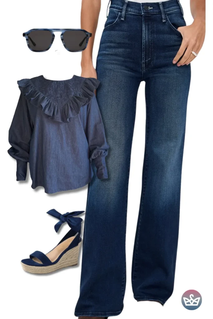 Baggy Jeans with an indigo ruffle denim top, blue sunglasses, and tie-up espadrilles for tonal polish.
