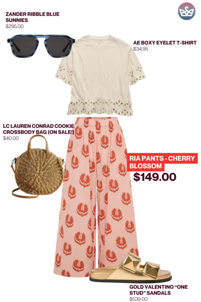 Chic airport outfits that feel like pajamas 33 result adjust my crown Effortless chic airport outfit featuring cherry blossom print pants cream eyelet tee woven round crossbody bag valentino gold stud sandals and blue sunnies
