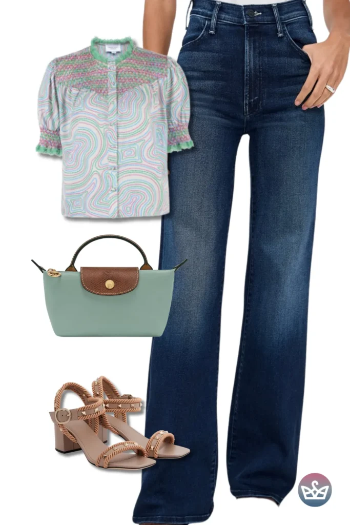 Baggy Jeans with a pastel swirl blouse, mint mini tote, and braided block-heel sandals for playful color.