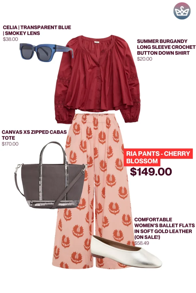Chic airport outfits that feel like pajamas 34 result adjust my crown Stylish chic airport outfit styled with cherry blossom pants burgundy crochet blouse soft gold flats blue sunglasses and a structured canvas tote bag