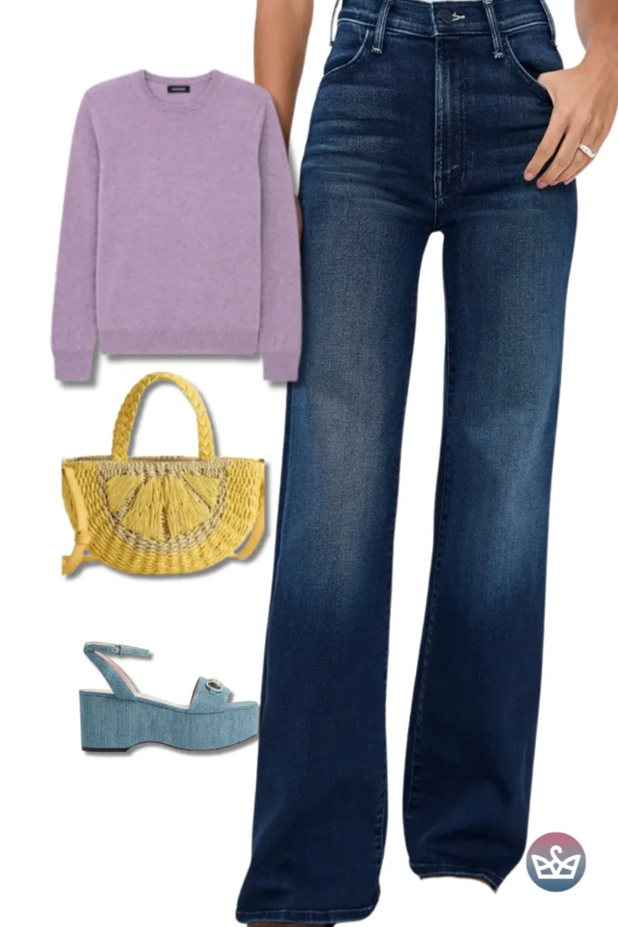 Baggy Jeans with a lilac knit, citrus raffia tote, and denim platforms for cheerful weekend vibes.
