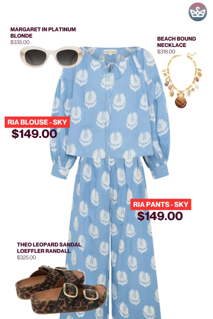 Chic airport outfits that feel like pajamas 35 result adjust my crown Matching set chic airport outfit featuring a sky blue ria blouse and pants set seashell necklace platinum sunglasses and leopard sandals