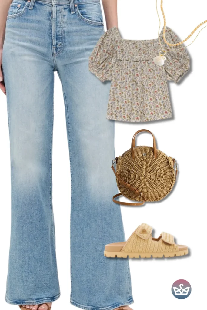 Baggy Jeans with a ditsy floral puff-sleeve top, shell necklace, straw circle bag, and raffia slides for coastal cottage vibes.