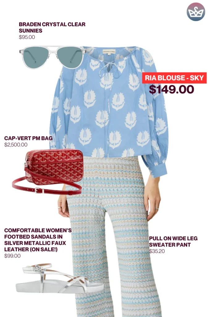 Chic airport outfits that feel like pajamas 36 result adjust my crown Comfy chic airport outfit styled with a sky blue ria blouse wide leg sweater pants silver sandals red crossbody bag and crystal clear sunnies"