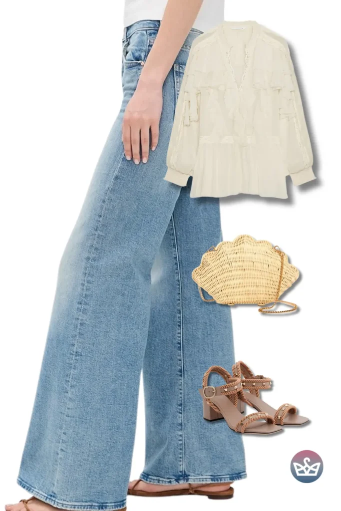 Baggy Jeans paired with an ivory ruffle blouse, shell-shaped rattan bag, and braided block-heel sandals for breezy boho chic.