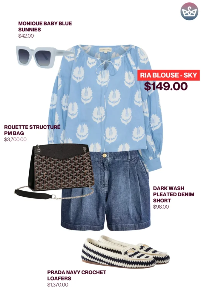 Chic airport outfits that feel like pajamas 37 result adjust my crown Casual chic airport outfit featuring a sky blue ria blouse dark wash denim shorts prada crochet loafers baby blue sunnies and a structured black rouette bag