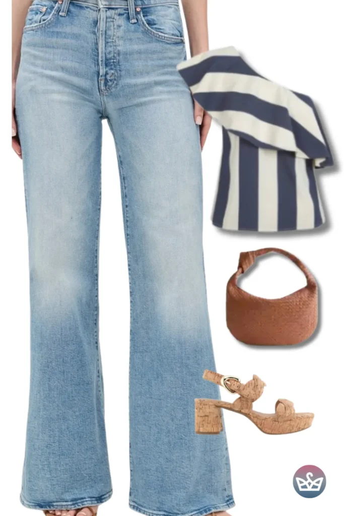 Baggy Jeans with a one-shoulder striped ruffle top, tan hobo bag, and cork heels for nautical polish.