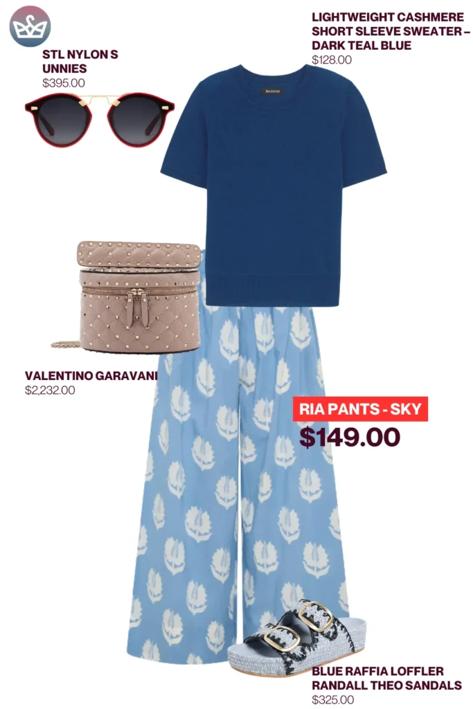 Chic airport outfits that feel like pajamas 38 result adjust my crown Stylish chic airport outfit styled with sky blue ria pants navy blue cashmere sweater valentino studded bag raffia sandals and red sunnies