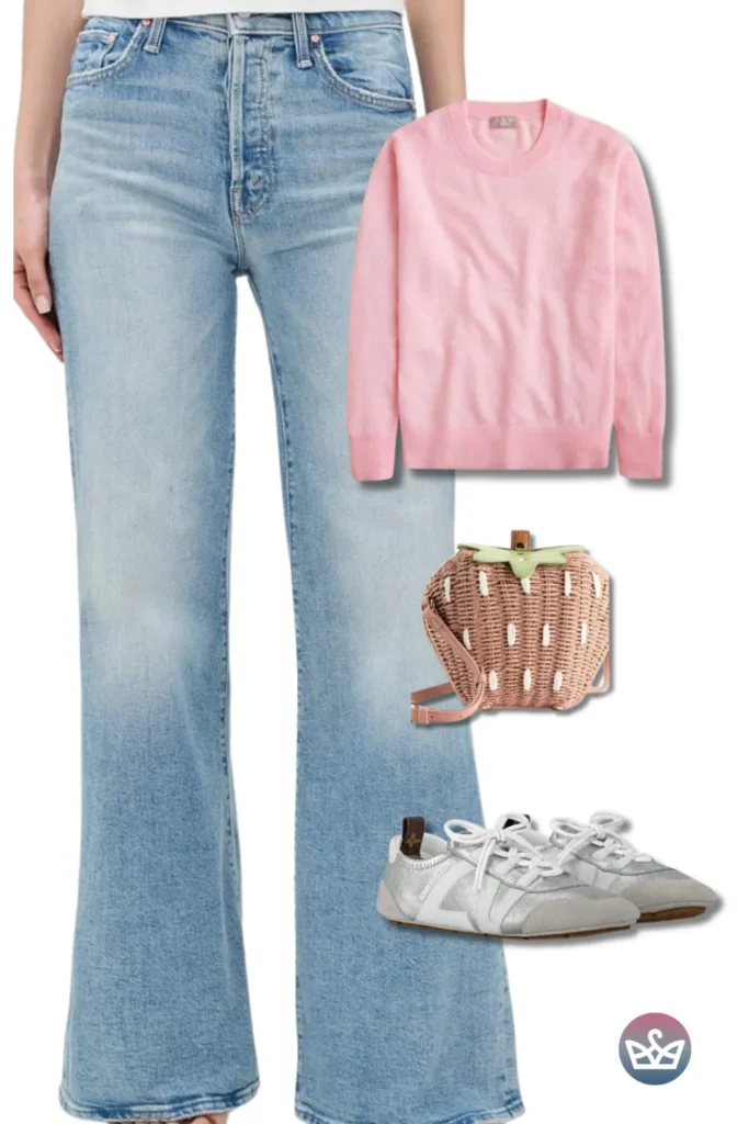 Baggy Jeans plus a pink knit, strawberry wicker bag, and silver retro sneakers for sweet off-duty style.