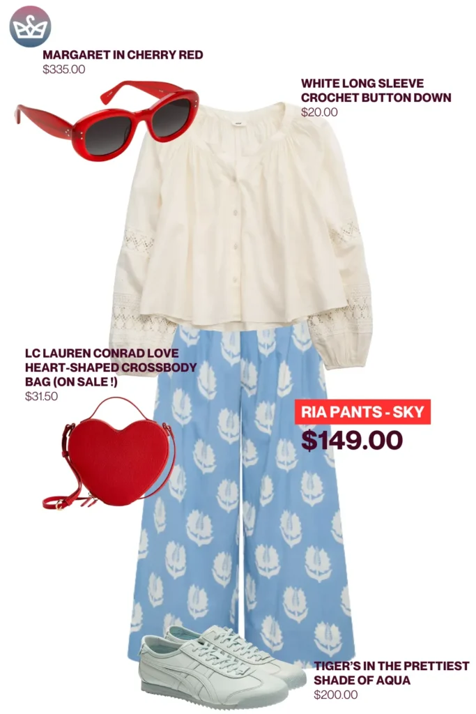 Chic airport outfits that feel like pajamas 39 result adjust my crown Playful chic airport outfit featuring sky blue ria pants white crochet blouse aqua sneakers red sunglasses and a heart shaped crossbody bag