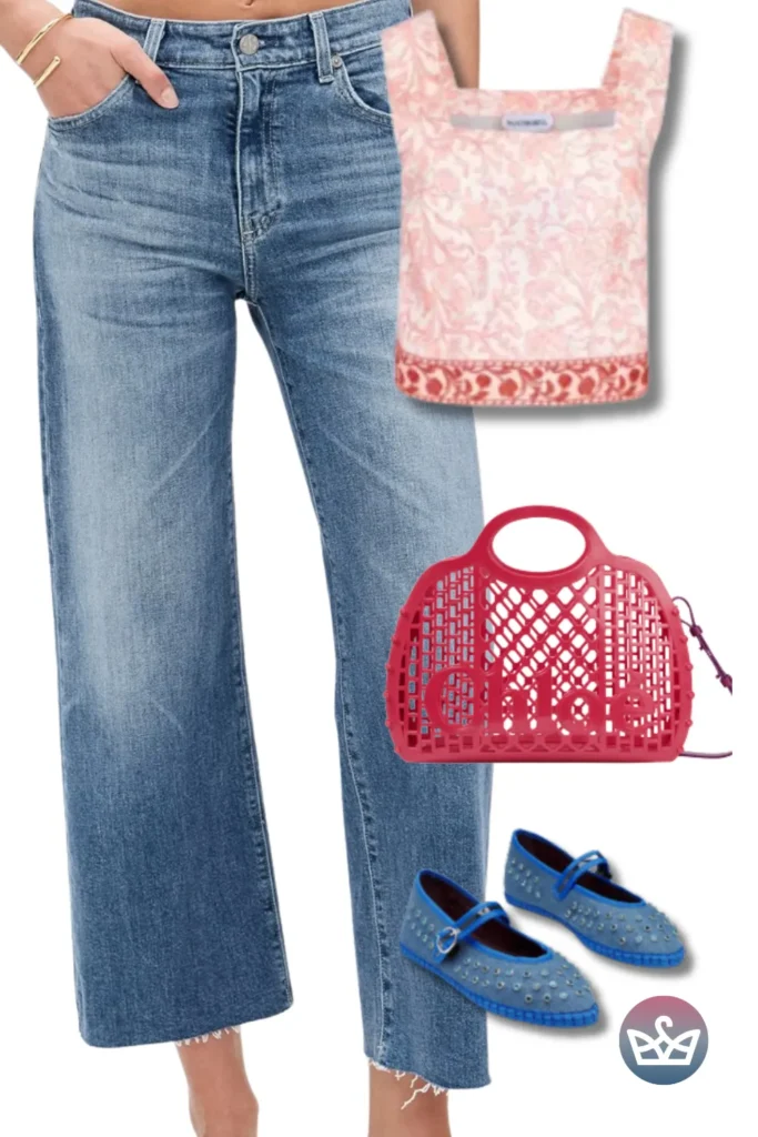 Baggy Jeans paired with a pink square-neck crop, red basket tote, and blue Mary Janes for a playful pop.