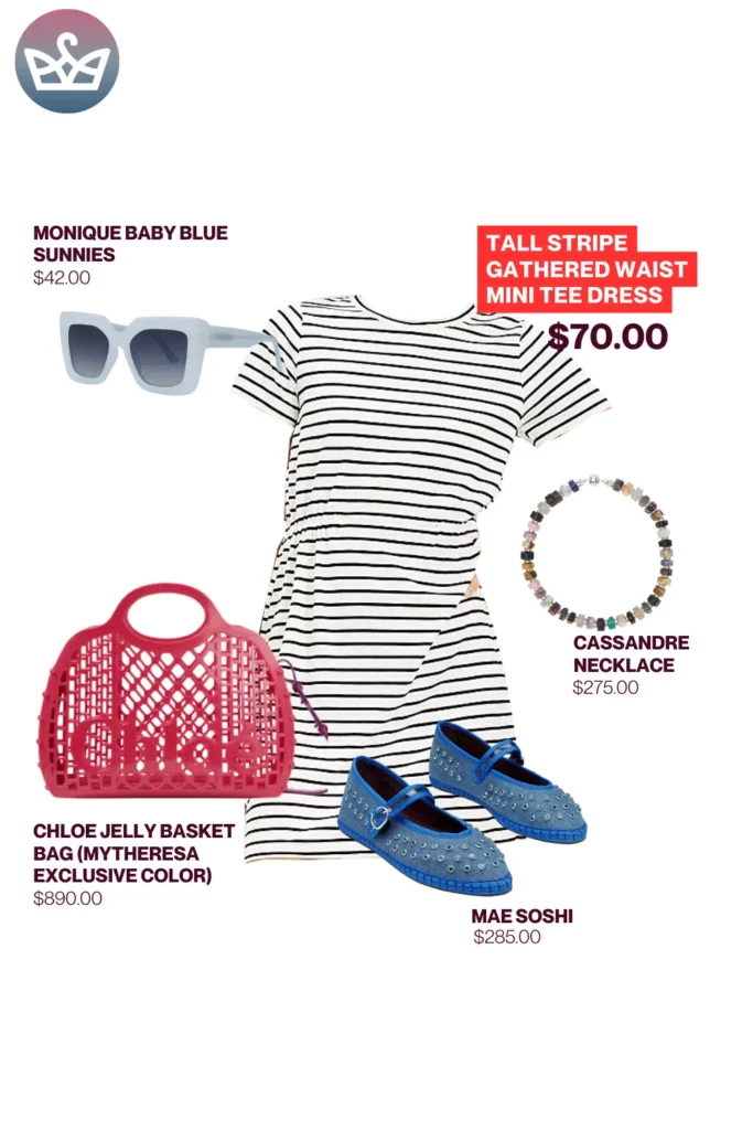 Chic airport outfits that feel like pajamas 3 result adjust my crown Airport outfit featuring a striped tee dress styled with studded blue flats chloe jelly tote bag baby blue sunglasses and a colorful cassandre necklace