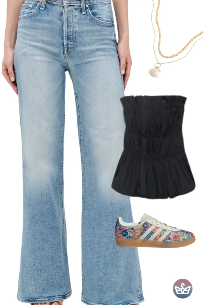 Baggy Jeans styled with a black ruched tube top, layered shell necklace, and floral sneakers for playful street flair.