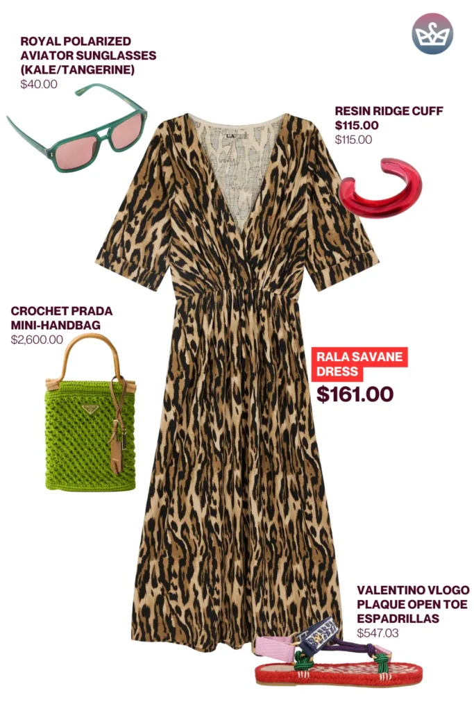 Chic airport outfits that feel like pajamas 40 result adjust my crown Statement chic airport outfit featuring a leopard print rala savane dress styled with green crochet prada handbag red resin cuff aviator sunglasses and valentino espadrilles