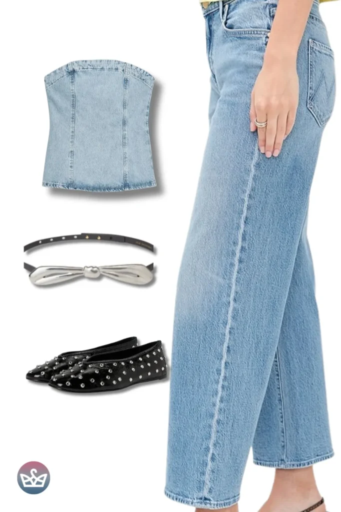 Baggy Jeans with a denim corset top, silver bow belt, and studded flats for edgy co-ord style.