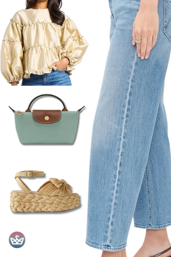 Baggy Jeans paired with a ruffled balloon blouse, mint mini tote, and raffia platforms for resort chic.