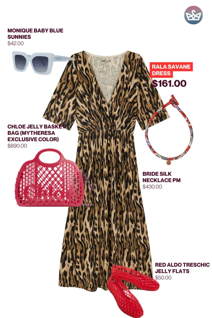 Chic airport outfits that feel like pajamas 42 result adjust my crown Playful chic airport outfit featuring a leopard print rala savane dress styled with red jelly flats baby blue sunnies a chloe basket bag and silk necklace