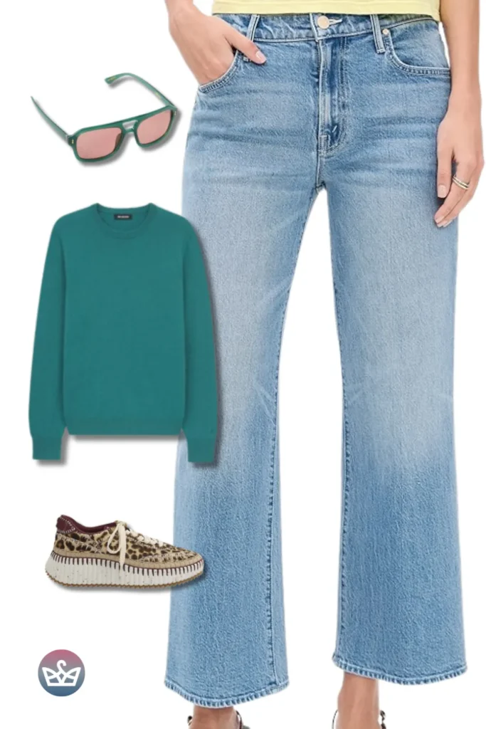 Baggy Jeans with a teal knit, green sunglasses, and leopard sneakers for bold casual vibes.