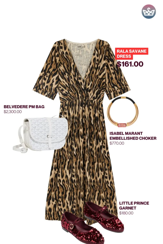 Chic airport outfits that feel like pajamas 43 result adjust my crown Elegant chic airport outfit styled with a leopard print rala savane dress garnet glitter flats white belvedere bag and an isabel marant choker necklace