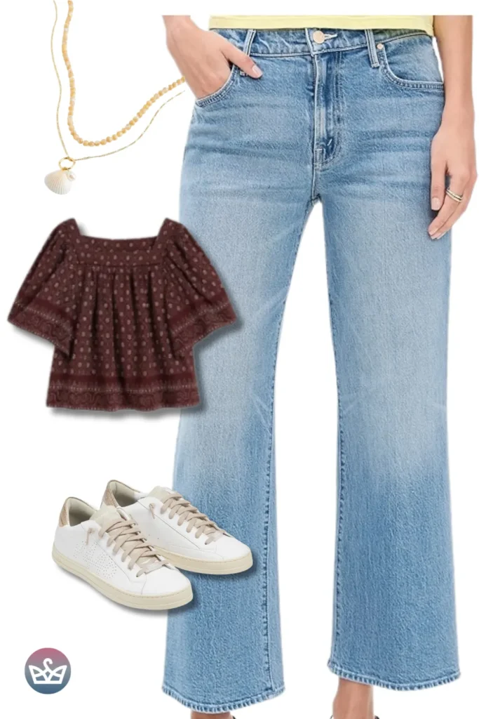 Baggy Jeans styled with a burgundy boho top, layered shell necklace, and cream sneakers for laid-back charm.