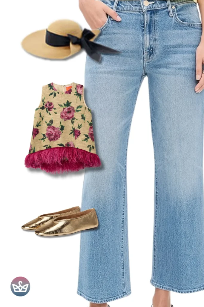 Baggy Jeans with a floral feather-hem top, bow sun hat, and gold flats for garden-party polish.