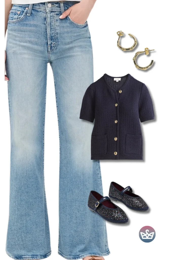 Baggy Jeans with a navy short-sleeve cardigan, gold hoop earrings, and glitter Mary Janes for polished preppy style.