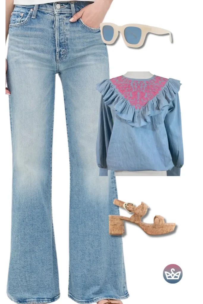 Baggy Jeans paired with a ruffled denim blouse with pink embroidery, creamy sunnies, and cork block heels.