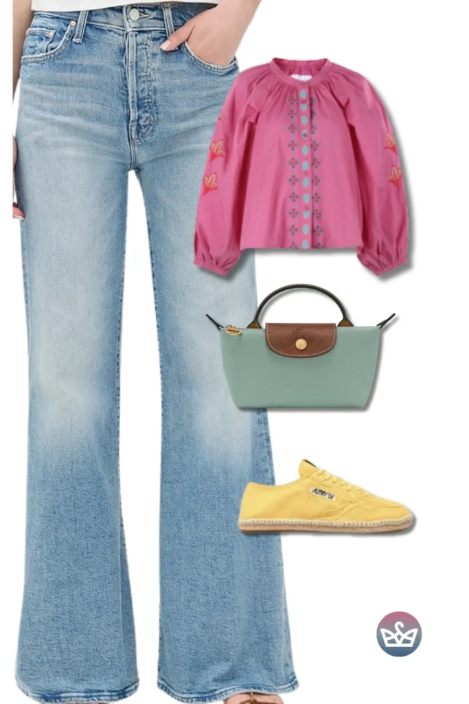 Baggy Jeans with a bright pink embroidered blouse, mint mini tote, and sunny yellow espadrille sneakers.