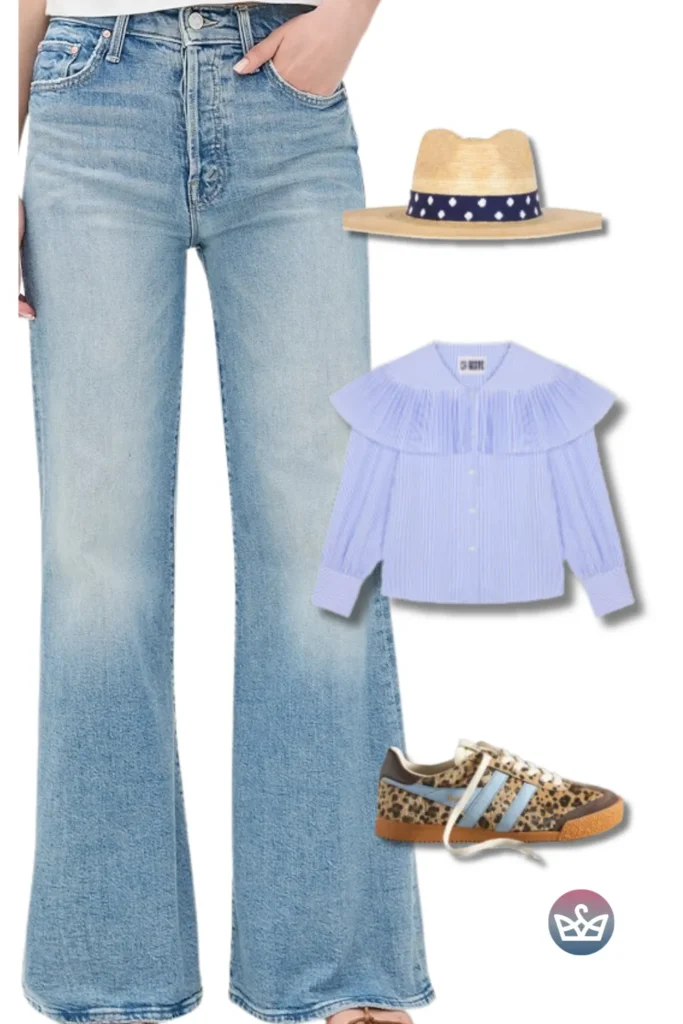 Baggy Jeans styled with a blue striped ruffle-collar shirt, polka-dot straw hat, and leopard-stripe sneakers.
